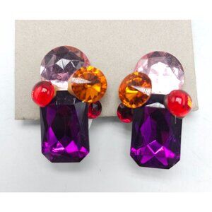 Vintage 1980s Acrylic Clip-On Earrings In Purple Pink Orange Red Geometric